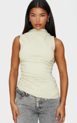 Stone High Neck Ruched Asymmetrical Long Top