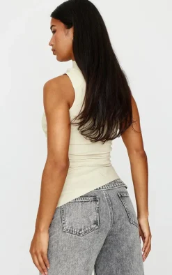 Stone High Neck Ruched Asymmetrical Long Top