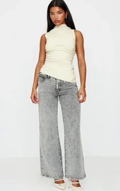 Stone High Neck Ruched Asymmetrical Long Top