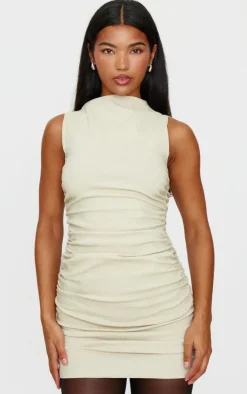 Stone High Neck Ruched Bodycon Dress