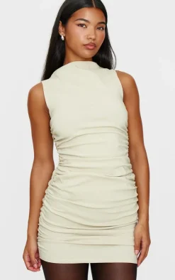 Stone High Neck Ruched Bodycon Dress