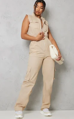 Stone High Neck Sleeveless Pocket Detail Utility Jumpsuit