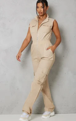 Stone High Neck Sleeveless Pocket Detail Utility Jumpsuit