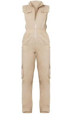 Stone High Neck Sleeveless Pocket Detail Utility Jumpsuit