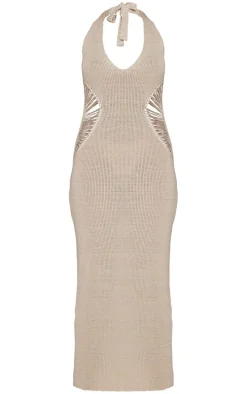 Stone Knitted Distressed Ladder Cut Out Maxi Dress