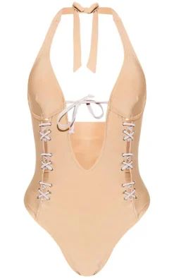 Stone Lace Up Deep Plunge Swimsuit