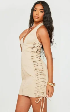 Stone Lace Up Side Zip Front Bodycon Dress