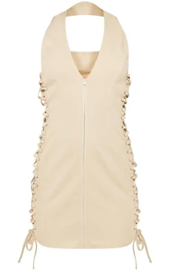 Stone Lace Up Side Zip Front Bodycon Dress