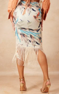 Stone Leaf Abstract Print Tassel Hem Midi Skirt