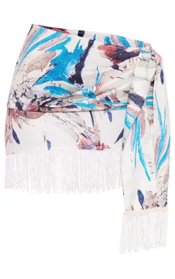 Stone Leaf Abstract Print Tassel Hem Mini Skirt