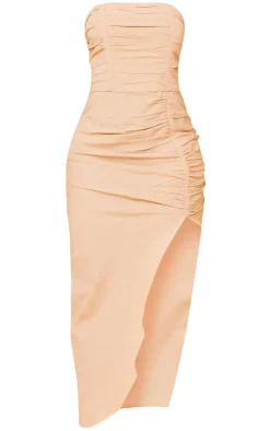 Stone Linen Bandeau Pleated Ruched Midi Dress