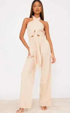 Stone Linen Cross Halter Detail Cut Out Jumpsuit