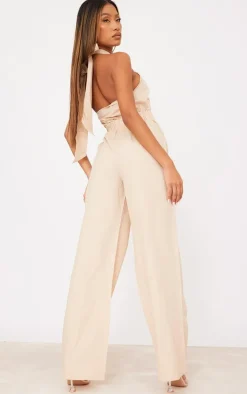 Stone Linen Cross Halter Detail Cut Out Jumpsuit
