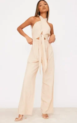 Stone Linen Cross Halter Detail Cut Out Jumpsuit