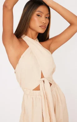 Stone Linen Cross Halter Detail Cut Out Jumpsuit