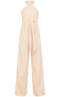 Stone Linen Cross Halter Detail Cut Out Jumpsuit
