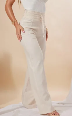 Stone Linen Feel Tie Front Straight Leg Pants