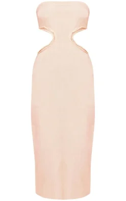 Stone Linen Look Bandeau Side Cut Out Maxi Dress