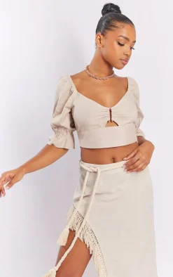 Stone Linen Look Bar Detail Puff Sleeve Crop Top