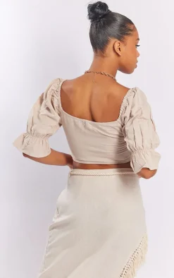 Stone Linen Look Bar Detail Puff Sleeve Crop Top