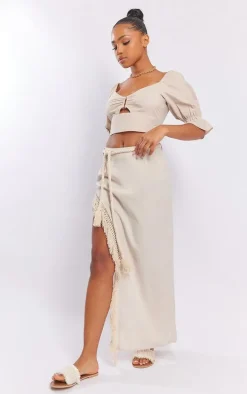 Stone Linen Look Bar Detail Puff Sleeve Crop Top