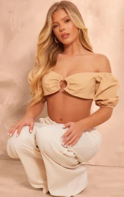 Stone Linen Look Cropped Ring Detail Top