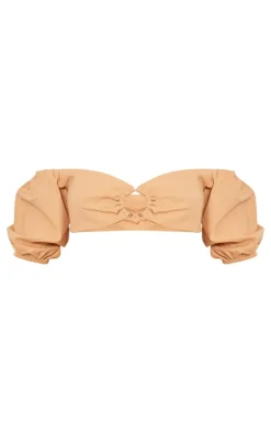 Stone Linen Look Cropped Ring Detail Top