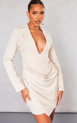 Stone Linen Look Drape Detail Blazer Dress