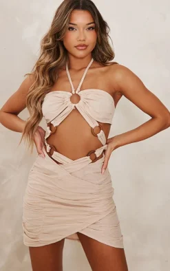 Stone Linen Look Extreme Cut Out Ring Detail Bodycon Dress