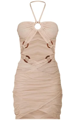 Stone Linen Look Extreme Cut Out Ring Detail Bodycon Dress