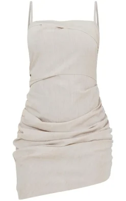 Stone Linen Look Fold Over Ruched Bodycon Dress