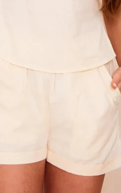 Stone Linen Look High Waisted Turn Up Hem Shorts