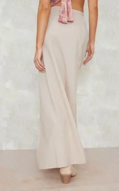 Stone Linen Look Hook And Eye Ruched Waistband Maxi Skirt