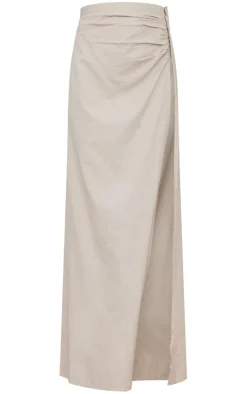 Stone Linen Look Hook And Eye Ruched Waistband Maxi Skirt