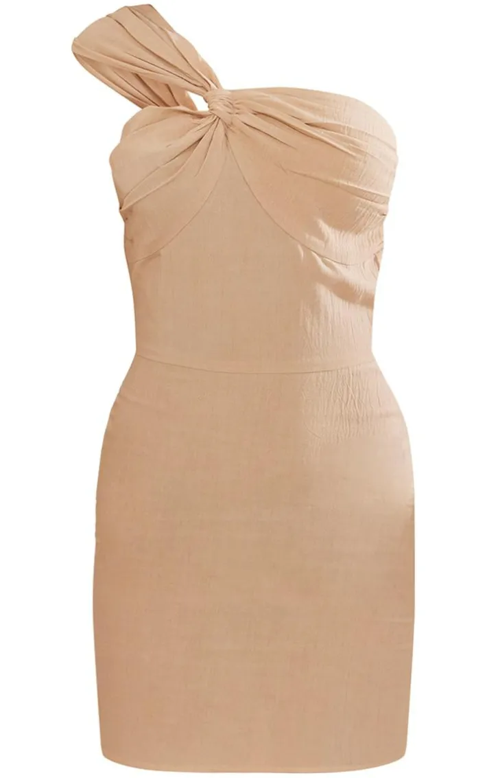 Stone Linen Look One Shoulder Knot Detail Bodycon Dress