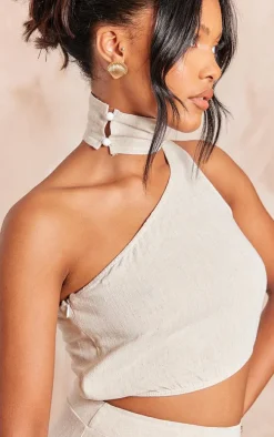 Stone Linen Look One Shoulder Chocker Detail Crop Top