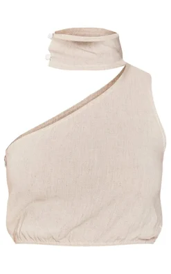 Stone Linen Look One Shoulder Chocker Detail Crop Top