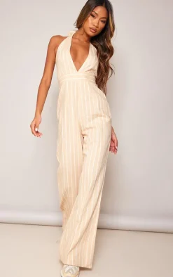 Stone Linen Look Pinstripe Plunge Halter Jumpsuit
