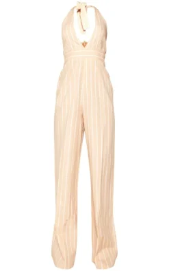 Stone Linen Look Pinstripe Plunge Halter Jumpsuit