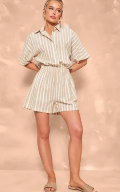 Stone Linen Look Pinstripe Button Up Shirt Detail Romper