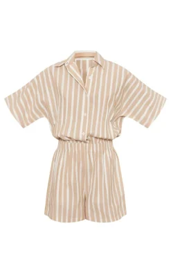Stone Linen Look Pinstripe Button Up Shirt Detail Romper