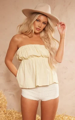Stone Linen Look Pleated Puff Bandeau Crop Top
