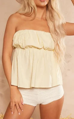 Stone Linen Look Pleated Puff Bandeau Crop Top