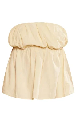 Stone Linen Look Pleated Puff Bandeau Crop Top