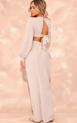 Stone Linen Look Plunge Ring Detail Maxi Dress