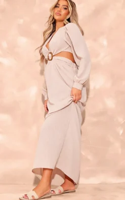 Stone Linen Look Plunge Ring Detail Maxi Dress