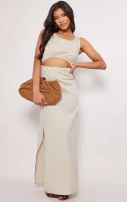 Stone Linen Look Racer Cut Out Maxi Dress