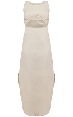 Stone Linen Look Racer Cut Out Maxi Dress