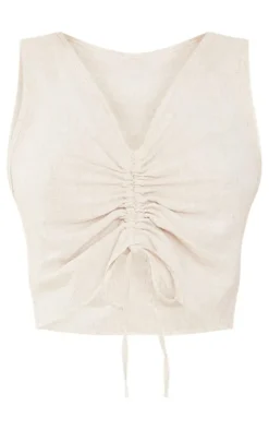 Stone Linen Look Ruched Front Crop Top