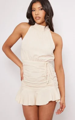 Stone Linen Look Shirred High Neck Frill Hem Bodycon Dress